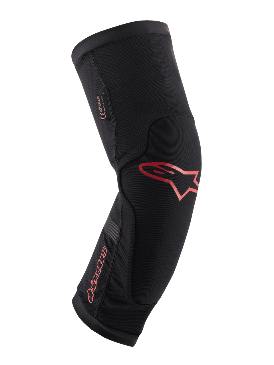 Alpinestars Paragon Plus Knee Protector, Black with Red Alpinestars logo and wordmark, ergonomic slip-on sleeve design, breathable mesh fabric with reinforced panels, mountain biking protective gear