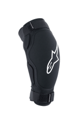 Alpinestars A-Impact Plasma Pro Elbow Protector, MTB Protective Gear, Black with white logo, featuring dual adjustable Velcro straps and an ergonomic pre-curved design