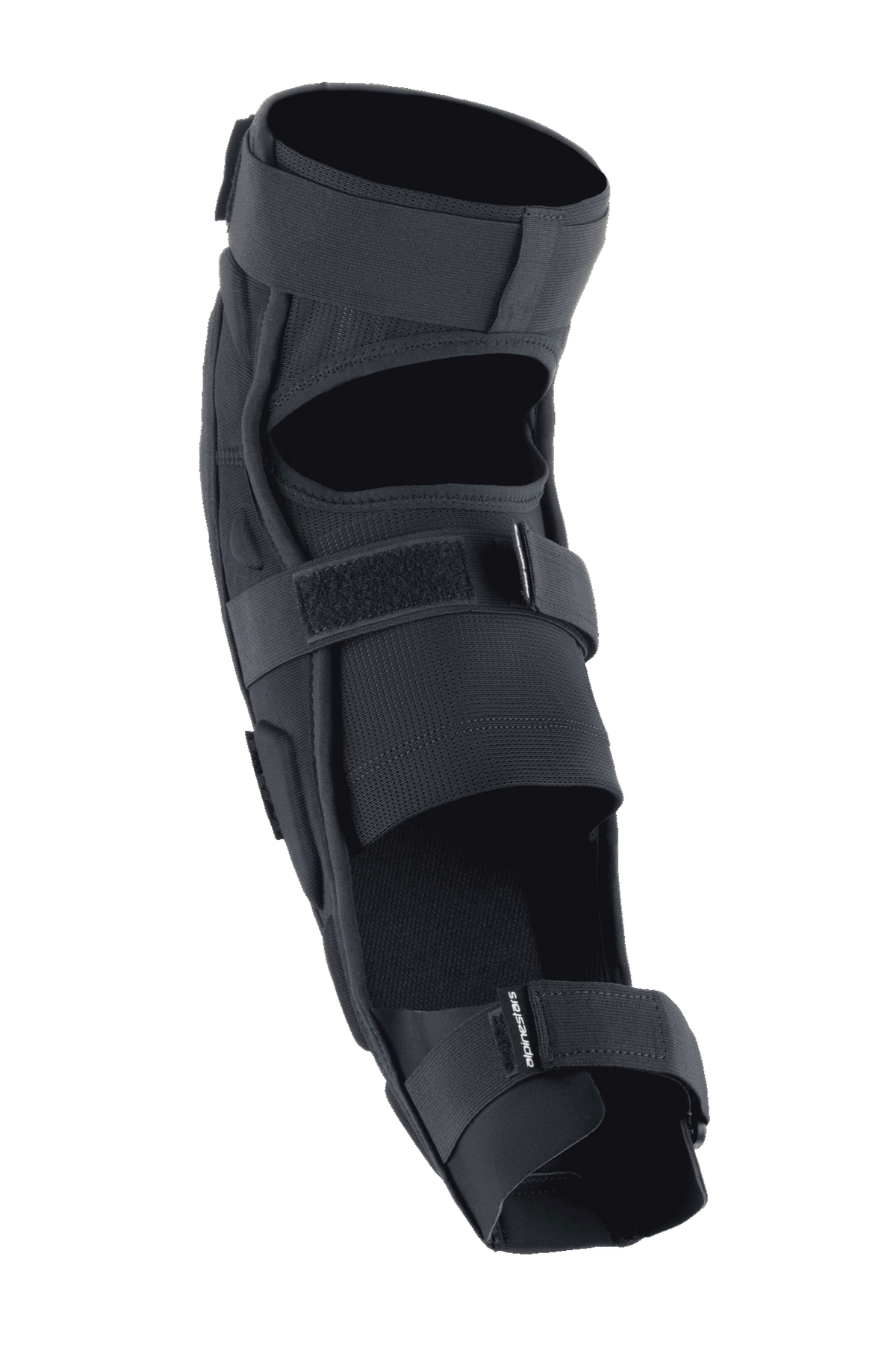Alpinestars A-Impact Plasma Pro Knee Shin Protector, Black, back view featuring triple strap closure system, breathable mesh panels, and ergonomic pre-curved design for off-road cycling protection