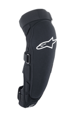 Alpinestars A-Impact Plasma Pro Knee Shin Protector, Black and White, side view featuring large white Astar logo, lateral padding, and secure strap closure system, off-road cycling protection