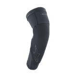 Alpinestars A-Motion Plasma Pro Elbow Protector, Black, ergonomic slip-on sleeve with textured impact-resistant panel, pre-curved shape for riding comfort, subtle Astar logo and branding, breathable stretch mesh construction for MTB and off-road cycling