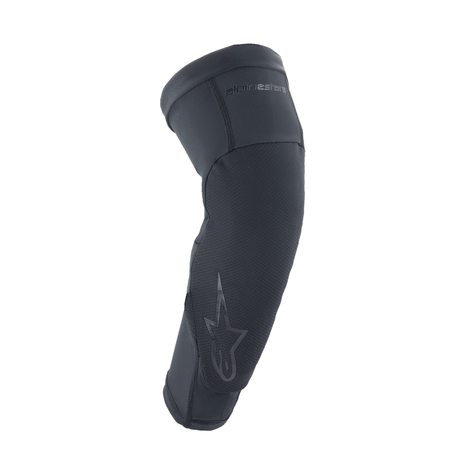 Alpinestars A-Motion Plasma Pro Elbow Protector, Black, ergonomic slip-on sleeve with textured impact-resistant panel, pre-curved shape for riding comfort, subtle Astar logo and branding, breathable stretch mesh construction for MTB and off-road cycling