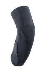 Alpinestars A-Motion Plasma Pro Knee Protector, Black, side profile showing curved ergonomic design, textured front panel with tonal star logo, breathable stretch mesh and ripstop fabrics, lightweight protection for MTB and trail riding