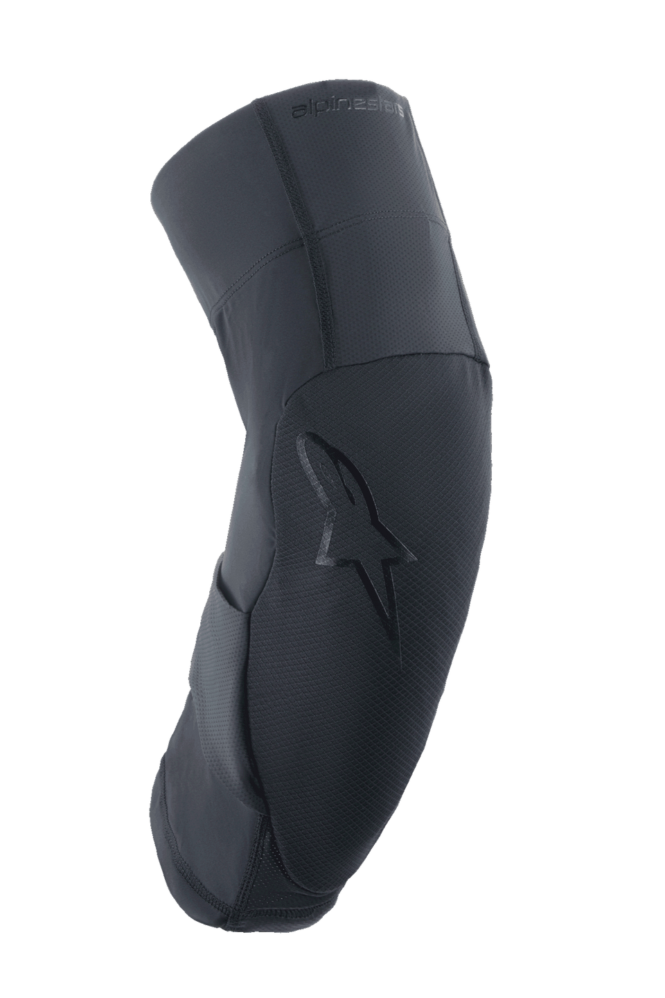 Alpinestars A-Motion Plasma Pro Knee Protector, Black, side profile showing curved ergonomic design, textured front panel with tonal star logo, breathable stretch mesh and ripstop fabrics, lightweight protection for MTB and trail riding