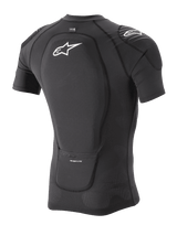 Alpinestars Paragon Lite Protection Jacket - Short Sleeve, Black, rear three-quarter view showing integrated back protector and breathable stretch mesh construction, featuring white Alpinestars logo on the back and shoulder, lightweight mountain bike protection gear