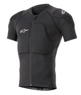 Alpinestars Paragon Lite Protection Jacket Short Sleeve, Black, MTB mountain bike body armor featuring integrated shoulder and chest padding, front zipper, breathable mesh fabric, white Alpinestars logos, fitted design for trail riding