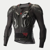 Alpinestars Bionic Pro Protection Jacket, Long Sleeve Body Armor, Black with Red accents, lightweight mesh construction, featuring integrated polymer protection plates on chest, shoulders, and elbows with honeycomb grid design, front zipper with red pull tab and adjustable kidney belt.