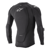 Alpinestars Paragon Lite Protection Jacket - Long Sleeve, Black, Rear view featuring integrated back protector with white Astar logo, breathable mesh construction with elbow and shoulder protection, lightweight MTB body armor.