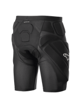 Alpinestars Vector Tech Shorts, Black cycling protection shorts, featuring integrated EVA memory foam padding on the hips and back, breathable stretch mesh construction with a white Alpinestars logo on the side.