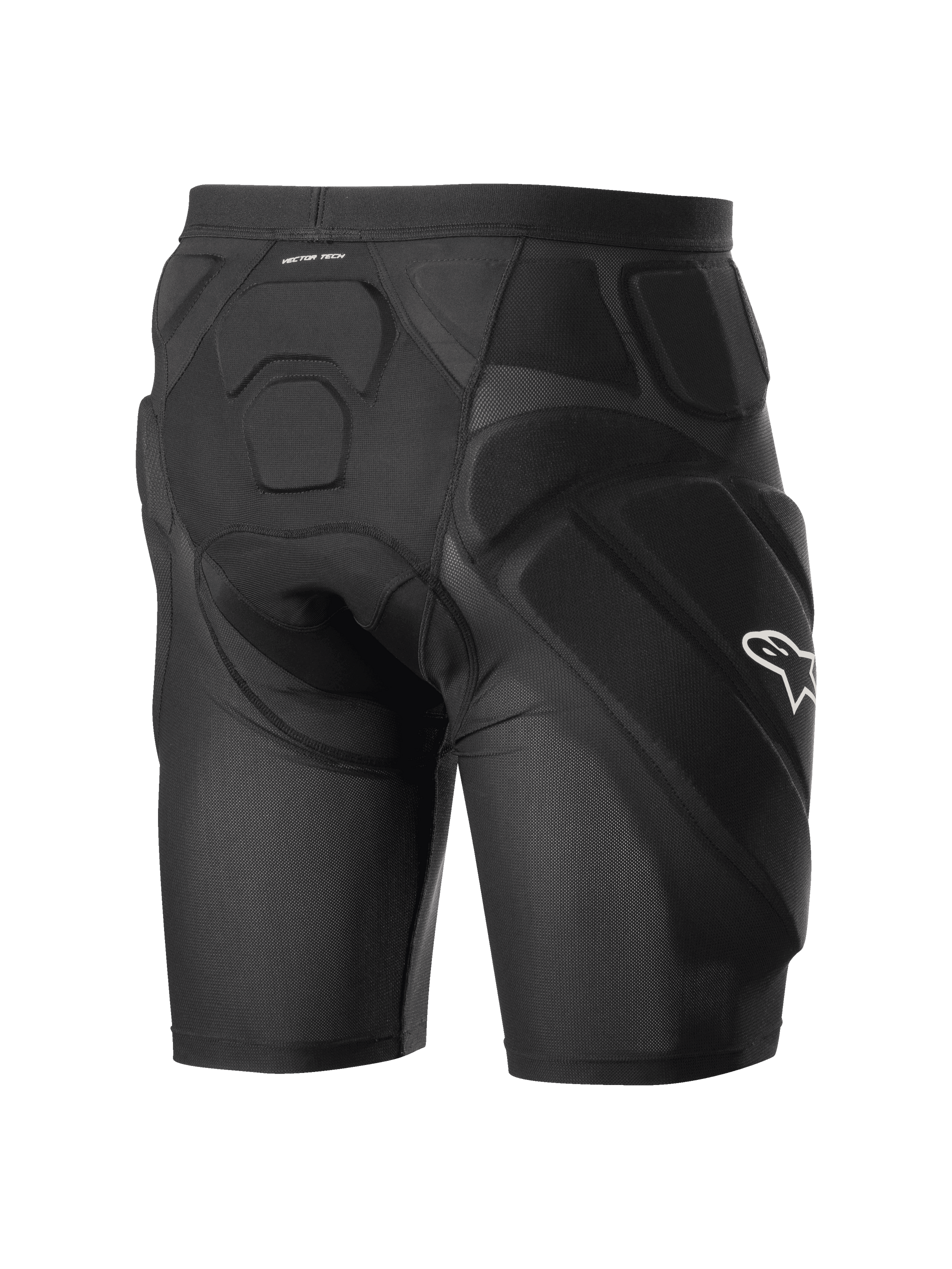 Alpinestars Vector Tech Shorts, Black cycling protection shorts, featuring integrated EVA memory foam padding on the hips and back, breathable stretch mesh construction with a white Alpinestars logo on the side.