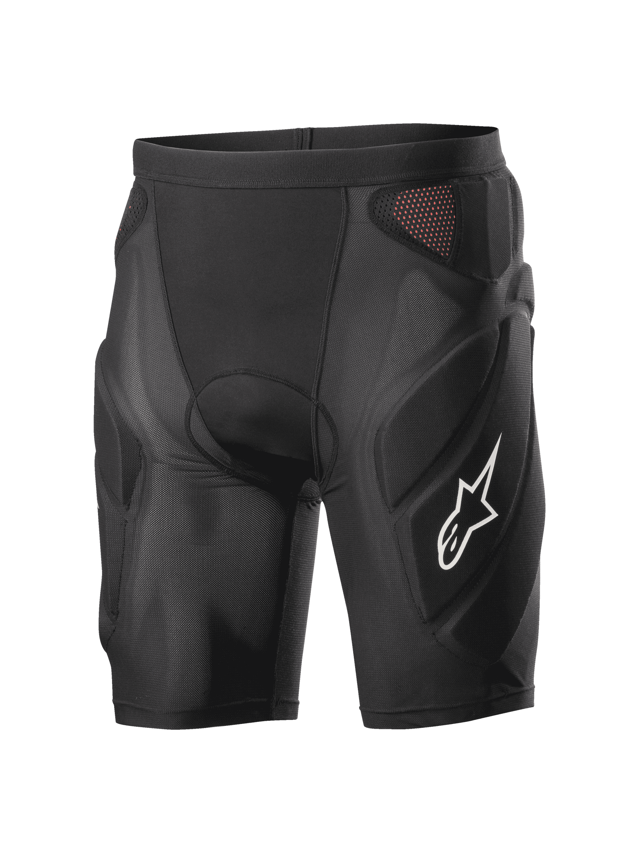 Alpinestars Vector Tech Shorts, black cycling protection shorts, padded compression design with red mesh panels, white star logo on the thigh, lightweight stretch mesh with EVA foam protection, MTB and downhill riding gear