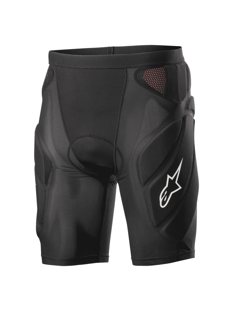 Alpinestars Vector Tech Shorts, black cycling protection shorts, padded compression design with red mesh panels, white star logo on the thigh, lightweight stretch mesh with EVA foam protection, MTB and downhill riding gear