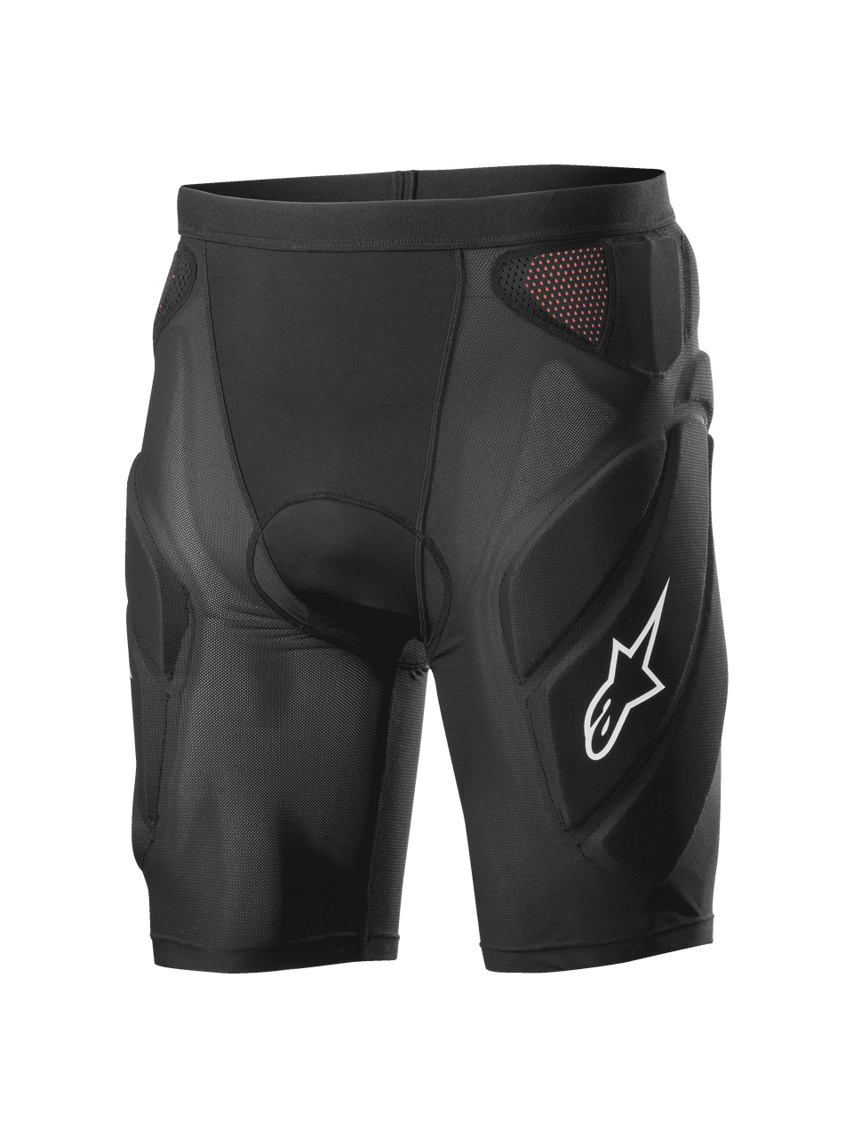 Alpinestars Vector Tech Shorts, black cycling protection shorts, padded compression design with red mesh panels, white star logo on the thigh, lightweight stretch mesh with EVA foam protection, MTB and downhill riding gear