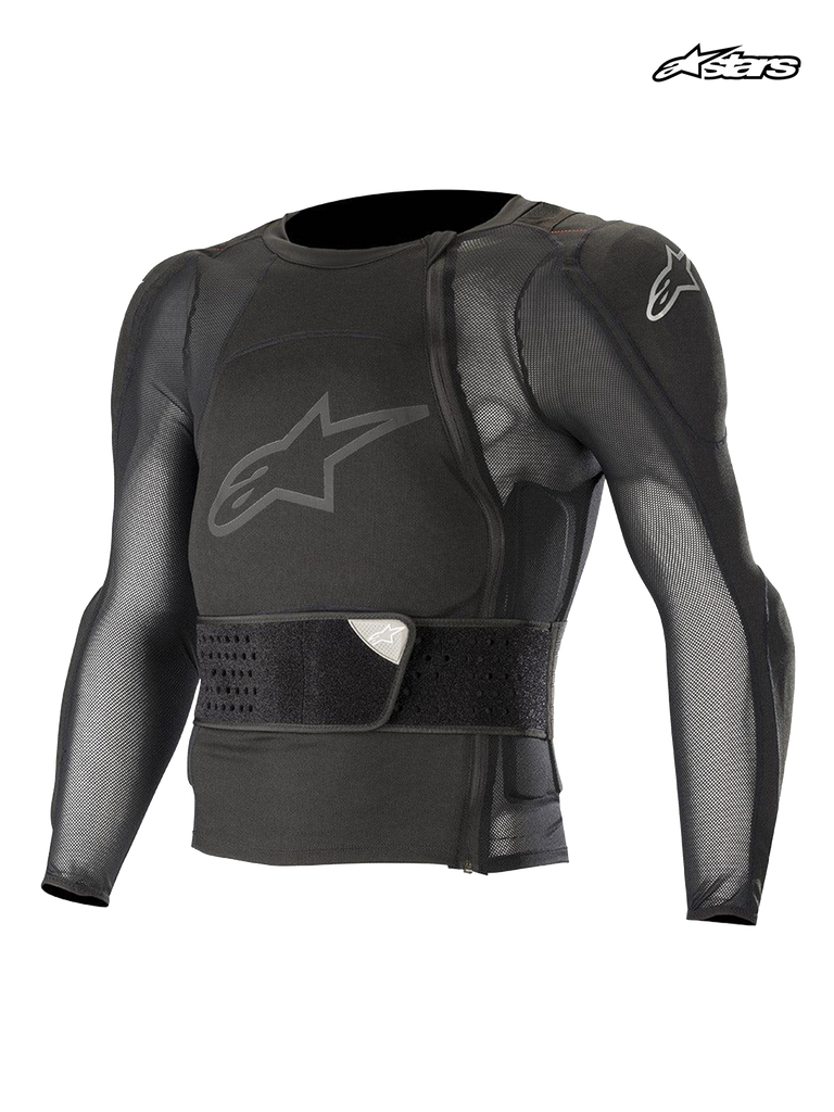 Alpinestars Paragon Pro Protection Jacket - Long Sleeve, mountain bike long-sleeve protection jacket, black, mesh construction with integrated chest protector and waist belt, front view of technical MTB protective gear
