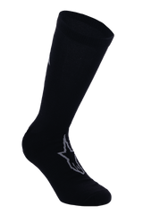 Alpinestars A-Dura Thermal Socks, Black cycling socks with gray Astars logo, mid-calf length with ribbed cuff, smooth thermal stretch fabric for winter mountain bike riding