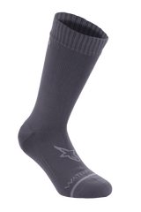 Alpinestars A-Dura Waterproof Socks, Dark Titanium Gray, mid-calf cycling socks with ribbed texture, featuring a light gray Alpinestars star logo on the ankle and "WATERPROOF" text near the toe, performance gear for mountain biking and off-road riding