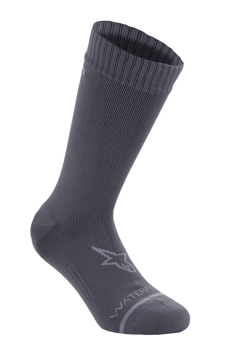 Alpinestars A-Dura Waterproof Socks, Dark Titanium Gray, mid-calf cycling socks with ribbed texture, featuring a light gray Alpinestars star logo on the ankle and "WATERPROOF" text near the toe, performance gear for mountain biking and off-road riding