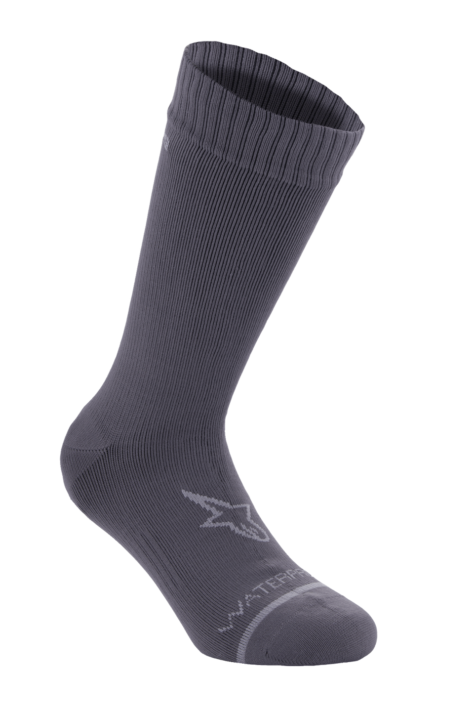 Alpinestars A-Dura Waterproof Socks, Dark Titanium Gray, mid-calf cycling socks with ribbed texture, featuring a light gray Alpinestars star logo on the ankle and "WATERPROOF" text near the toe, performance gear for mountain biking and off-road riding
