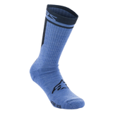Alpinestars Merino Socks 24, Cycling Socks, Blue Black, technical merino wool construction with black Alpinestars logo on the instep, mid-calf length with dark-colored ribbed cuff and branding.