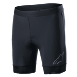 Alpinestars Alps Inner Shorts, Black cycling liner shorts with integrated padded seat area, elastic waistband, reflective Astars logo on the lower left leg, stretchy synthetic fabric for performance and moisture-wicking comfort