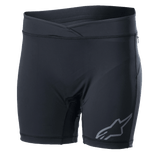 Alpinestars Women Stella Drop Inner Shorts, Black cycling base layer, form-fitting compression shorts with a crossover waistband, gray Alpinestars logo on the leg, moisture-wicking stretch fabric for MTB and Enduro