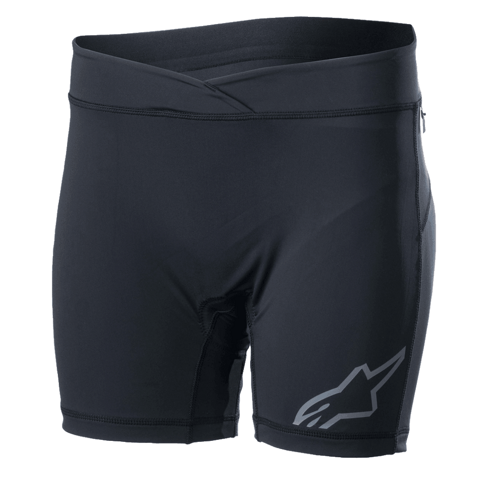 Alpinestars Women Stella Drop Inner Shorts, Black cycling base layer, form-fitting compression shorts with a crossover waistband, gray Alpinestars logo on the leg, moisture-wicking stretch fabric for MTB and Enduro