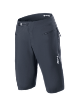 Alpinestars A-Aria Shorts, Black, Mountain Bike Shorts featuring a ratchet waist closure system and zippered front pockets, with white Astars logo on the leg, technical performance cycling apparel