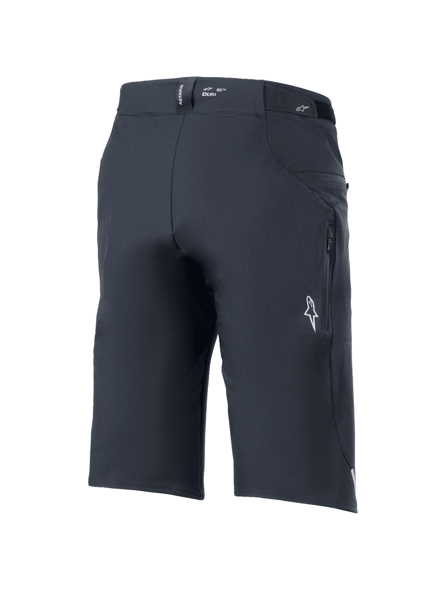 Alpinestars A-Dura Elite Shorts, Mountain Bike Shorts, Black, rear three-quarter view featuring zippered side pocket, white Astars logo, and "DURA" branding on the waistband, durable 4-way stretch Cordura fabric for off-road cycling