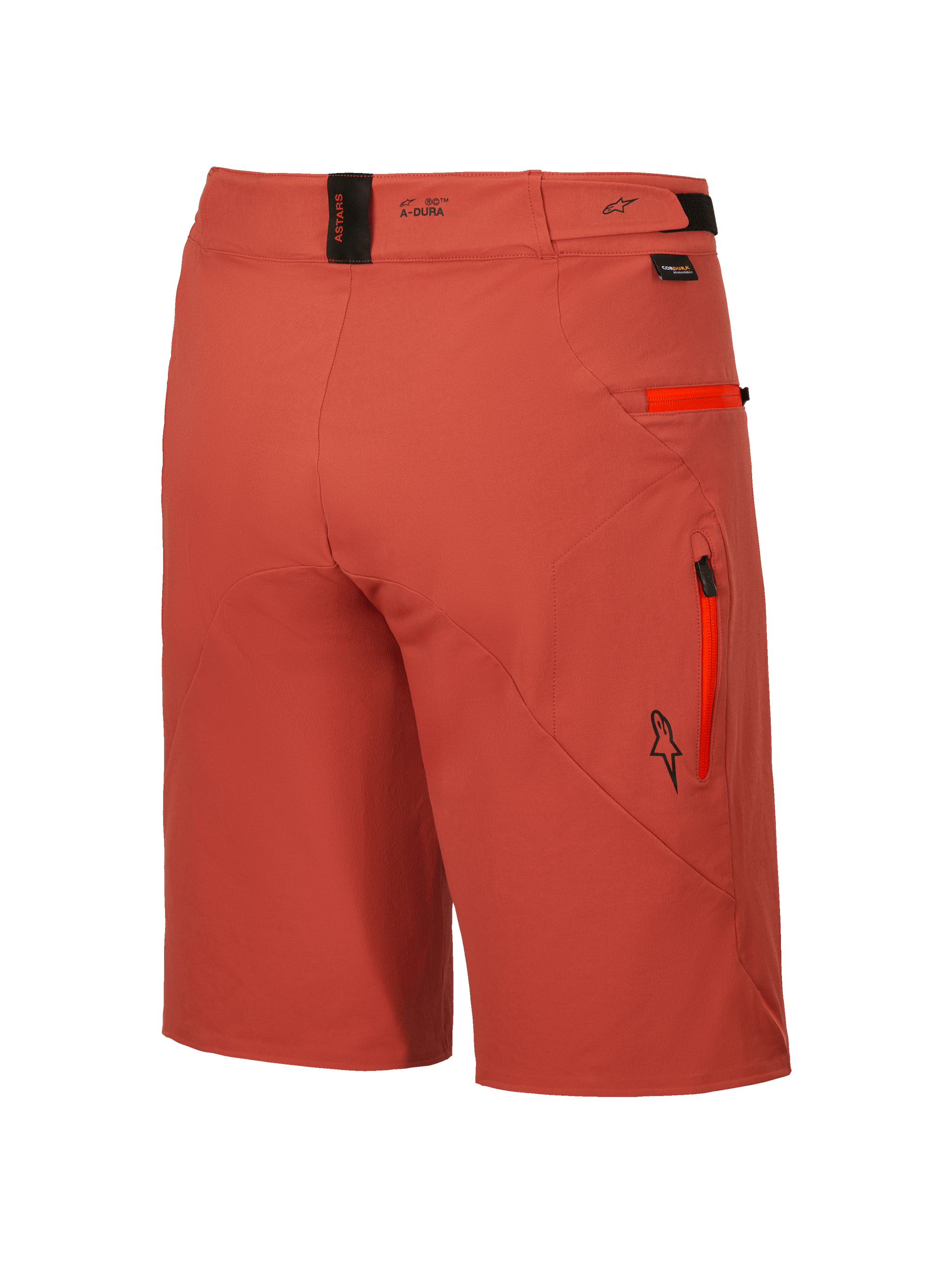 Alpinestars A-Dura Elite Shorts, Men's MTB Cycling Shorts in Dark Orange, featuring durable 4-way stretch Cordura fabric, secure zippered pockets, and adjustable waist