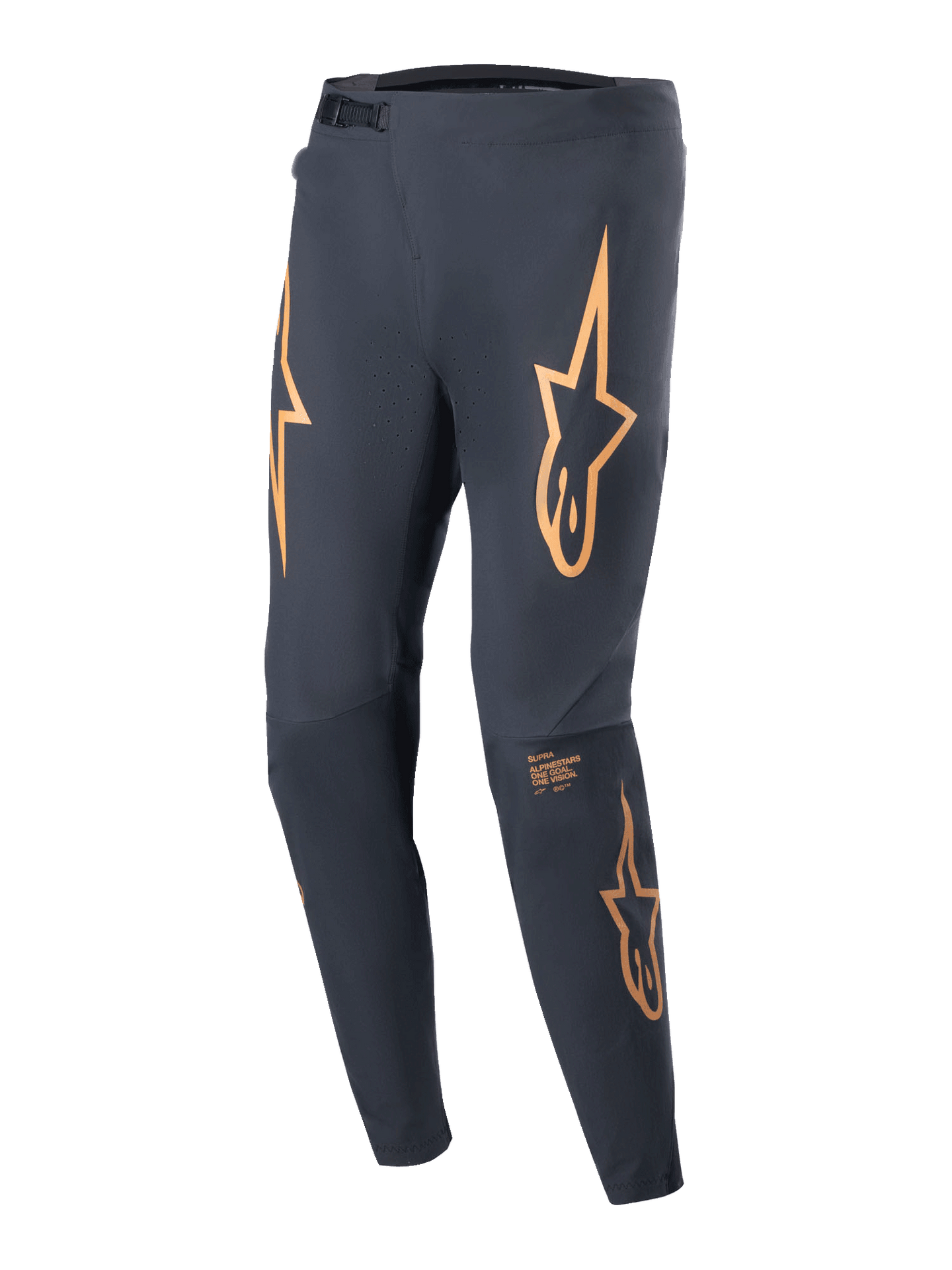 Alpinestars A-Supra Race Pants, MTB Racing Pants, Black with prominent orange star logos on the thighs, featuring a front ratchet closure, laser-perforated ventilation, and a tapered athletic fit.