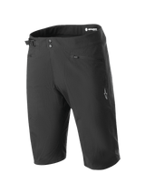 Alpinestars A-Dura Shorts, Mountain Bike Shorts, Black, featuring double snap closure, side waist cinch adjuster, zippered pockets, and white logo on the leg, durable 2-way stretch fabric for off-road cycling