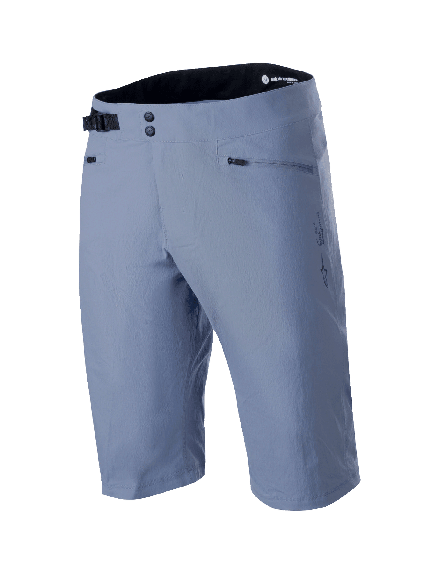 Alpinestars A-Dura Shorts, Mountain Bike Shorts, Infinity Blue, featuring double snap front closure, adjustable black side cinch buckle, zippered pockets, and textured 2-way stretch fabric, technical MTB apparel