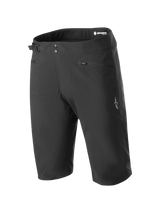 Alpinestars A-Dura Liner Shorts, Black Mountain Bike Shorts, double snap closure with adjustable side waist cinch, zippered hand pockets, white star logo on the leg, durable and stretchy fabric for MTB riding.