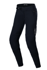 Alpinestars Stella A-Dura Thermal Pants, Women's MTB Pants, Black, featuring a ratchet waist closure, zippered hip pocket, and a reflective Alpinestars logo on the thigh, anatomically pre-curved design for riding comfort