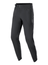 Alpinestars Women Stella A-Dura Pants, MTB Cycling Pants, Black, featuring a double snap front closure, adjustable side waist cinch, and zippered pockets, minimalist design with a small white star logo, durable 2-way stretch fabric for off-road riding