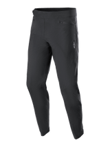 Alpinestars Youth A-Dura Pants, MTB Cycling Pants, Black, featuring two zippered front pockets and a small white Alpinestars logo on the left thigh, tapered leg design, durable stretch textile for youth mountain biking