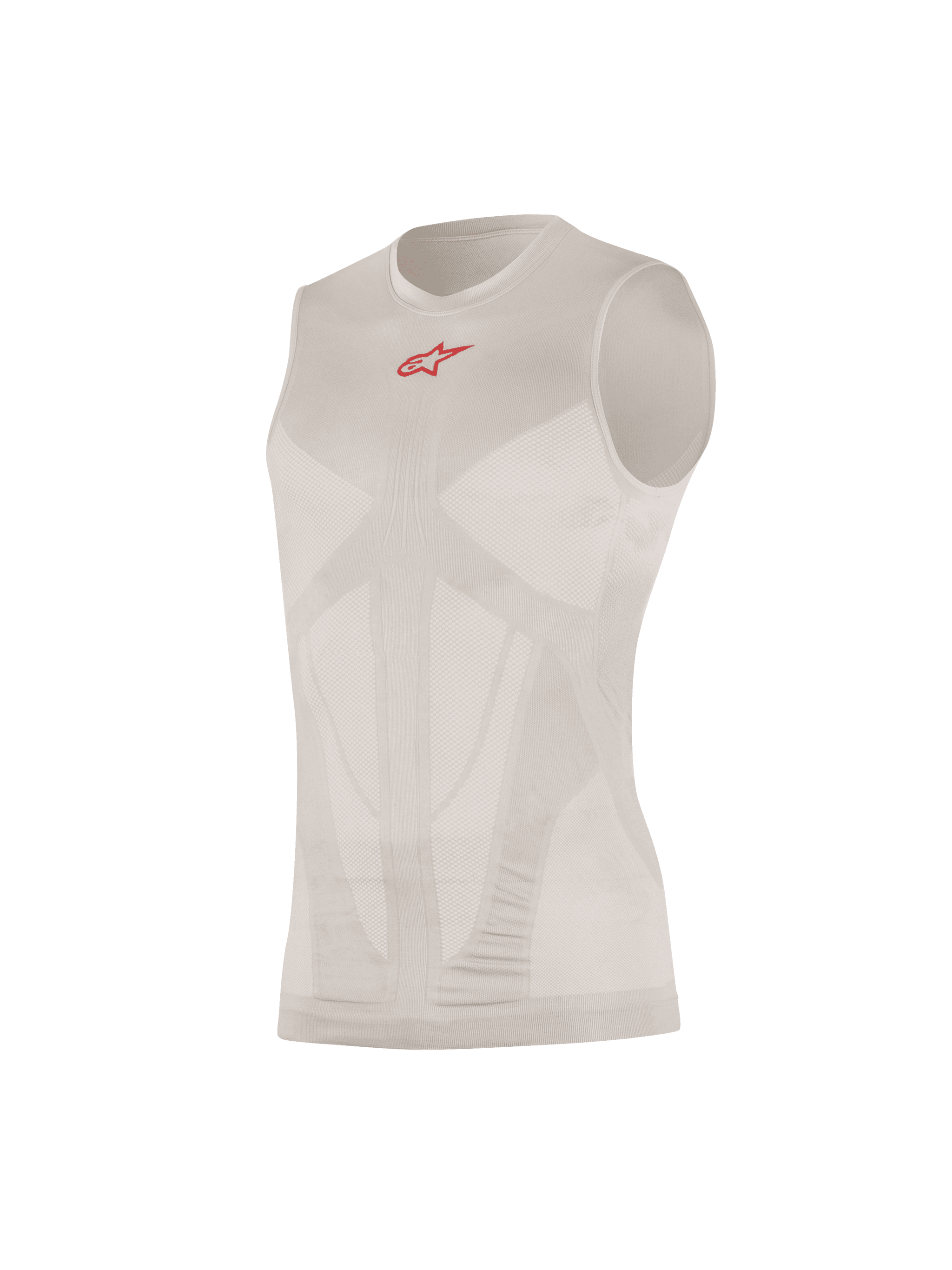 Alpinestars Tech Tank Summer, Sleeveless Base Layer, Silver Red, featuring a small red logo on the chest, body-mapped mesh ventilation panels, seamless tubular construction, ultra-lightweight technical knit
