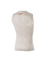 Alpinestars Tech Tank Summer, Silver and Red sleeveless base layer, rear view showing body-mapped mesh panels and a small red logo on the upper back, designed for moisture-wicking and cooling under motocross or MTB gear.