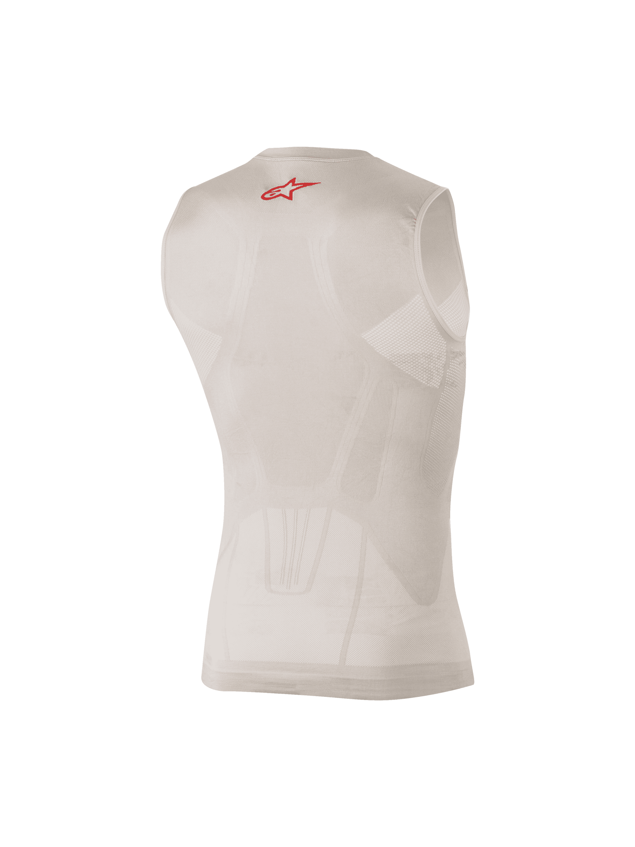 Alpinestars Tech Tank Summer, Silver and Red sleeveless base layer, rear view showing body-mapped mesh panels and a small red logo on the upper back, designed for moisture-wicking and cooling under motocross or MTB gear.