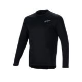 Alpinestars A-Dura Thermal Jersey, Black long-sleeve cycling jersey, small white Alpinestars logo on the chest, extended drop tail for rear coverage, insulated fleece lining for cold-weather mountain biking