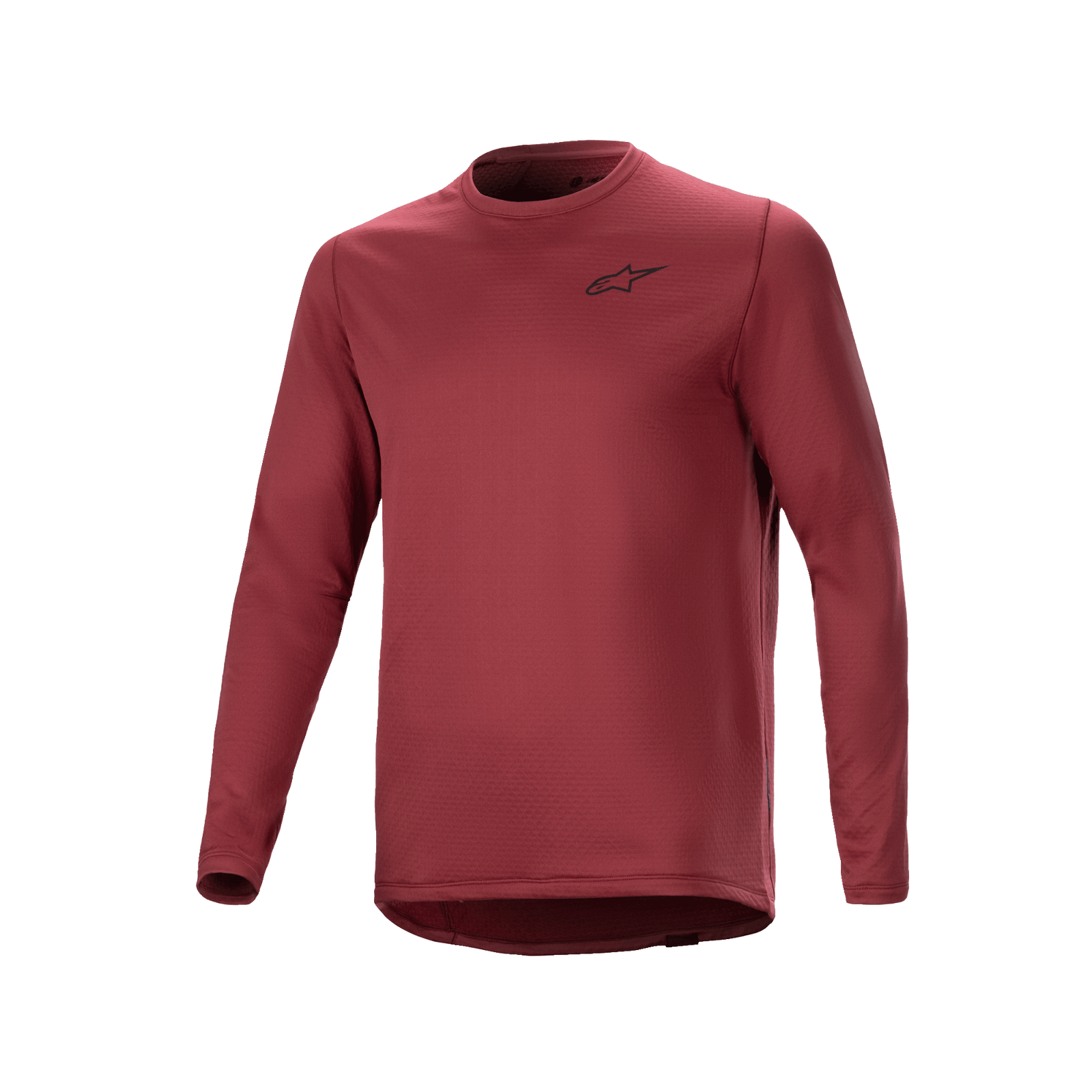 Alpinestars A-Dura Thermal Jersey, Long Sleeve Cycling Jersey, Burgundy, textured insulated fabric with small black star logo on the chest, extended drop tail hem for MTB riding.