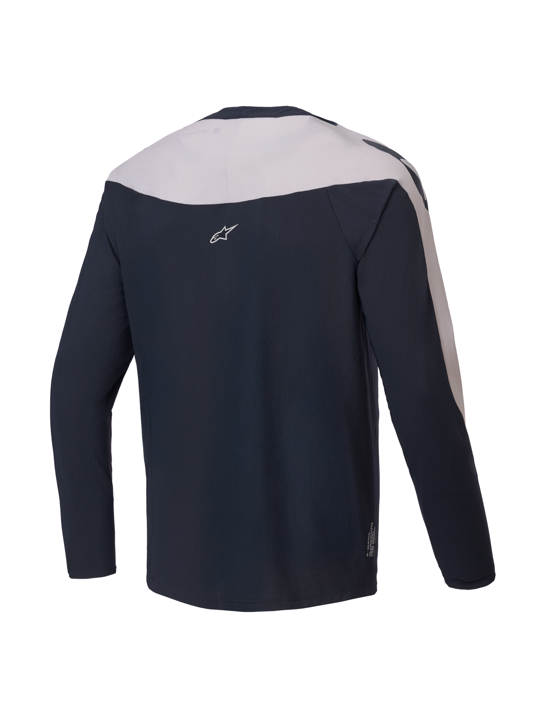 Alpinestars A-Supra Melt Jersey, long-sleeve MTB cycling jersey, back view, Black and Light Grey, lightweight micro-perforated polyester with stretch panels