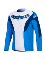 Alpinestars A-Supra Melt Jersey, long-sleeve MTB cycling jersey in Blue and White with dark blue branding and stretch panels, men's off-road performance activewear