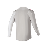 Alpinestars A-Aria Polartec Switch Long Sleeve Jersey, Rear View, Light Gray with dark gray shoulder panels and pink logo accents, performance stretch fabric with drop tail design, mountain bike trail riding apparel