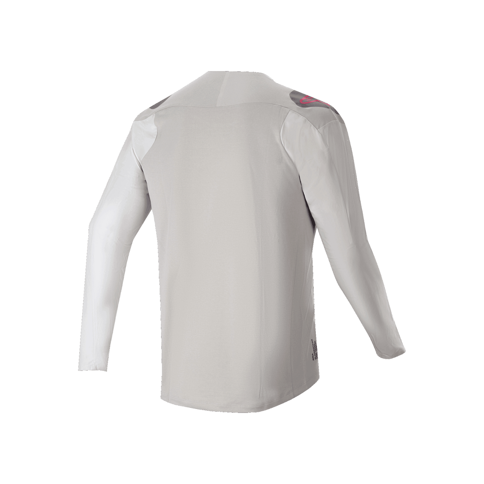 Alpinestars A-Aria Polartec Switch Long Sleeve Jersey, Rear View, Light Gray with dark gray shoulder panels and pink logo accents, performance stretch fabric with drop tail design, mountain bike trail riding apparel