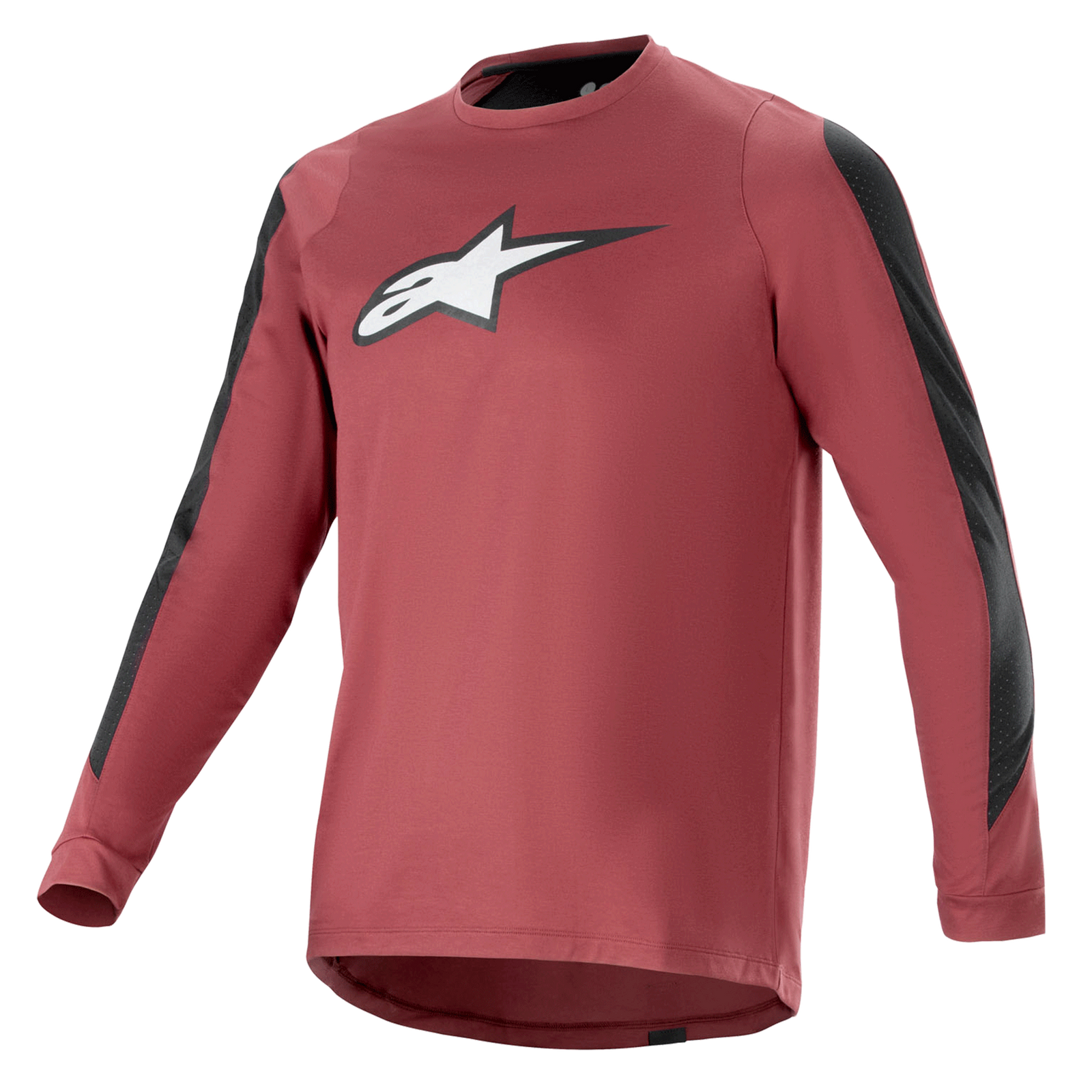 Alpinestars A-Dura Dri Astar Long Sleeve Jersey, Burgundy and Black, moisture-wicking drirelease fabric, crew neck, white Astar logo on chest, black mesh panels on sleeves, performance mountain bike apparel