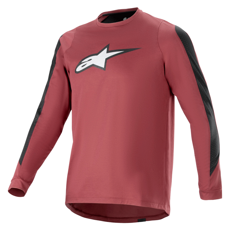 Alpinestars A-Dura Dri Astar Long Sleeve Jersey, Burgundy and Black, moisture-wicking drirelease fabric, crew neck, white Astar logo on chest, black mesh panels on sleeves, performance mountain bike apparel