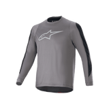 Alpinestars A-Dura Dri Astar Long Sleeve Jersey, Dark Gray with white Astars logo on the chest, black mesh ventilation panels on sleeves, performance cycling gear for MTB