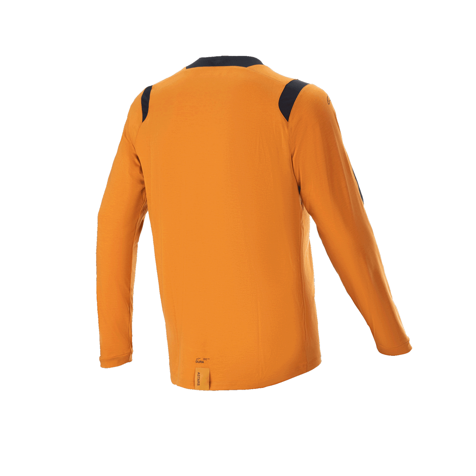 Alpinestars A-Dura Dri Wool Long Sleeve Jersey, Dark Gold, back view featuring black mesh panels on the shoulders and collar, technical mountain bike apparel with a longer drop tail