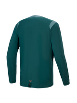 Alpinestars A-Dura Dri Wool Jersey - Long Sleeve, Dark Pine, back view featuring mesh panels on the shoulders and collar, technical wool-blend fabric, dropped tail for MTB coverage, small orange branding at the lower hem